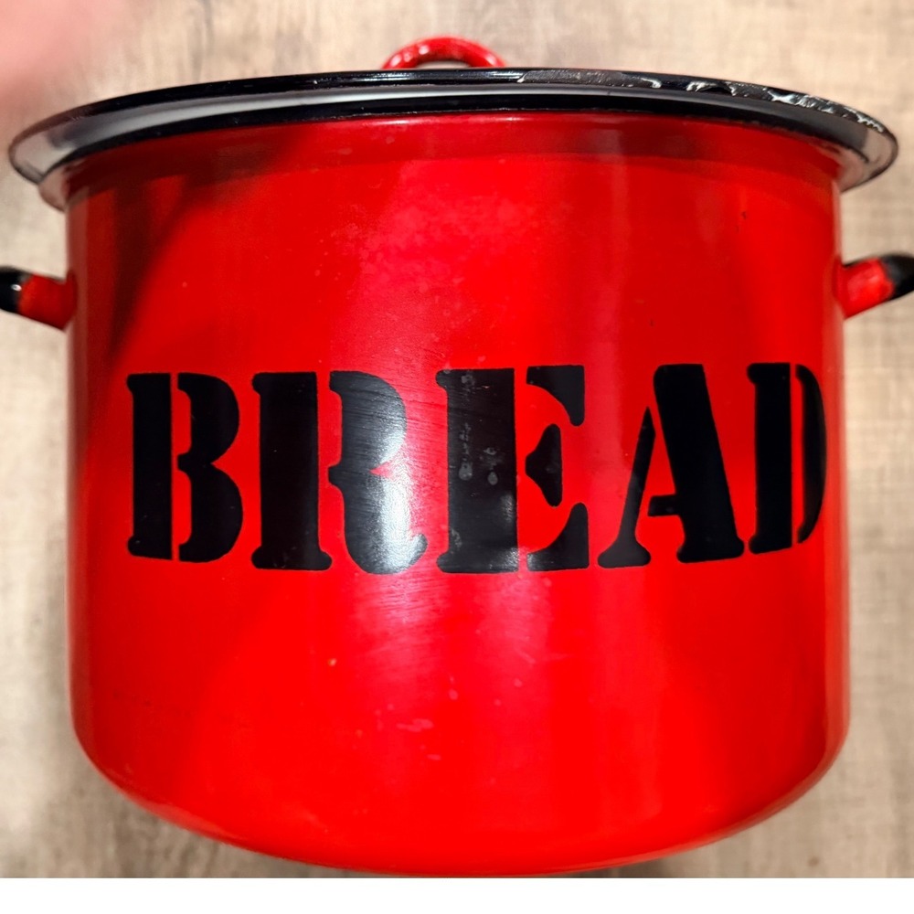 Vintage Red Enamelware Bread Box Canister Poland Retro Farmhouse Kitchen Storage